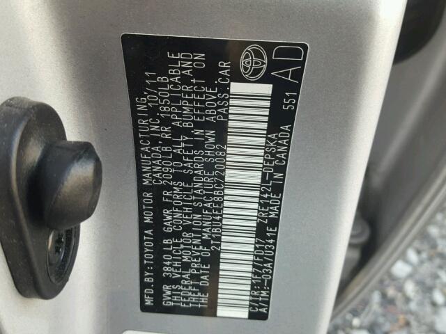 2T1BU4EE8BC720082 - 2011 TOYOTA COROLLA BA SILVER photo 10