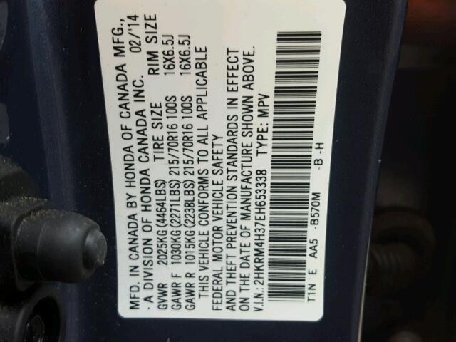 2HKRM4H37EH653338 - 2014 HONDA CR-V LX BLUE photo 10