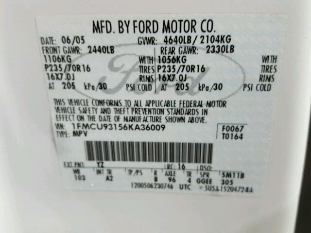 1FMCU93156KA36009 - 2006 FORD ESCAPE XLT WHITE photo 10