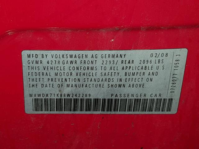 WVWDA71K88W242289 - 2008 VOLKSWAGEN RABBIT RED photo 10