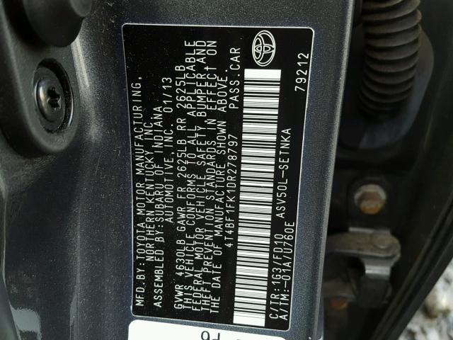 4T4BF1FK1DR278797 - 2013 TOYOTA CAMRY L 灰色 照片 10