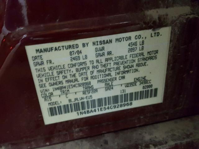 1N4BA41E54C928968 - 2004 NISSAN MAXIMA SE BURGUNDY photo 10