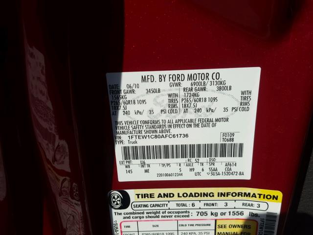 1FTEW1C80AFC61736 - 2010 FORD F150 SUPER RED photo 10