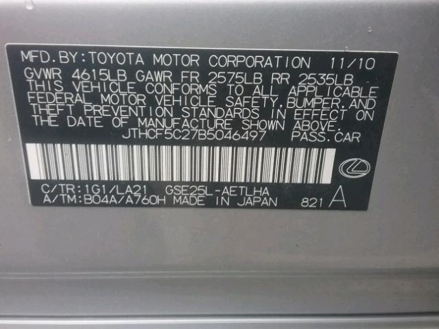 JTHCF5C27B5046497 - 2011 LEXUS IS 250 SILVER photo 10