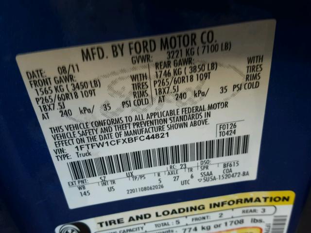 1FTFW1CFXBFC44821 - 2011 FORD F150 SUPER BLUE photo 10