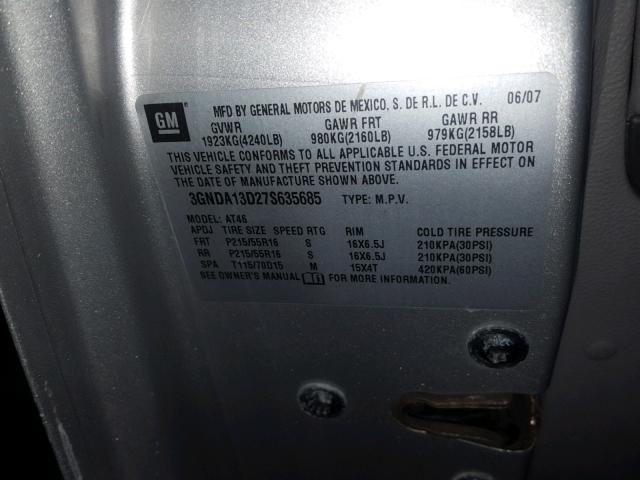 3GNDA13D27S635685 - 2007 CHEVROLET HHR LS Plata foto 10