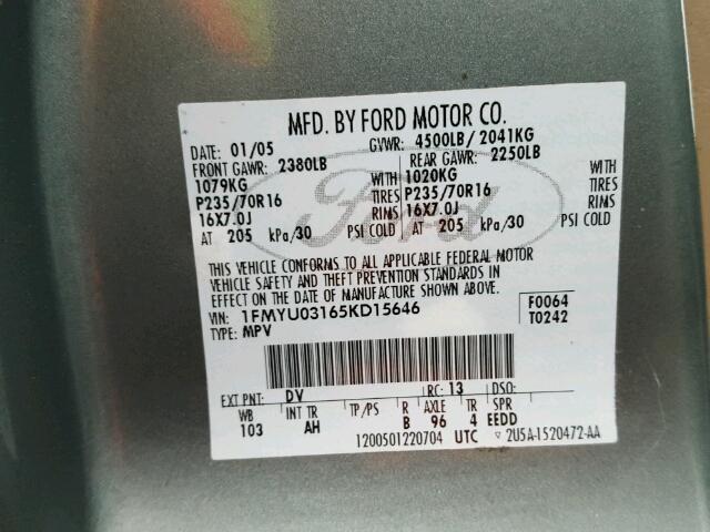 1FMYU03165KD15646 - 2005 FORD ESCAPE XLT GREEN photo 10