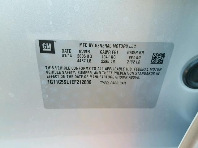 1G11C5SL1EF212886 - 2014 CHEVROLET MALIBU 1LT 银色 照片 10