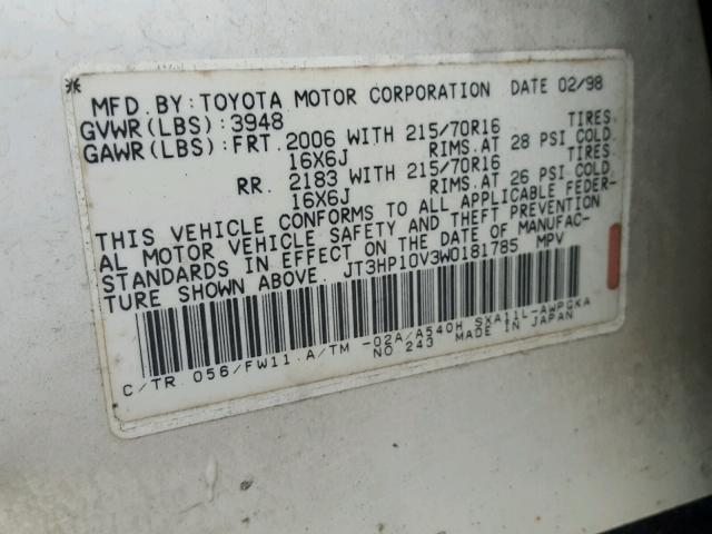 JT3HP10V3W0181785 - 1998 TOYOTA RAV4 WHITE photo 10