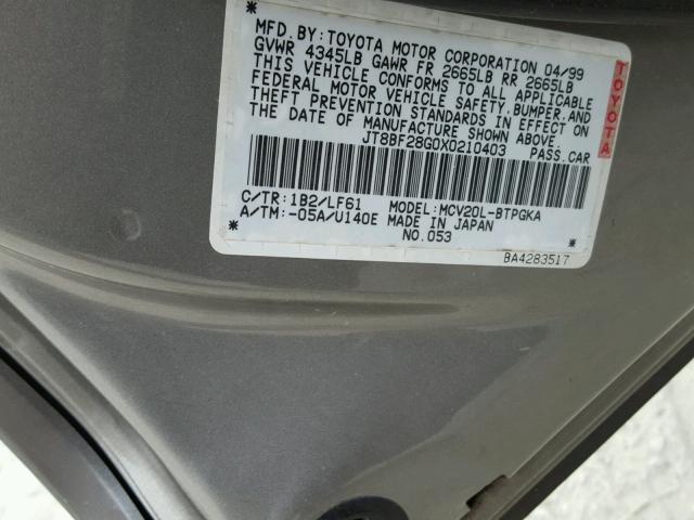 JT8BF28G0X0210403 - 1999 LEXUS ES 300 GRAY photo 10