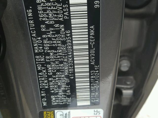 4T1BE32K44U899546 - 2004 TOYOTA CAMRY LE ნაცრისფერი ფოტო 10