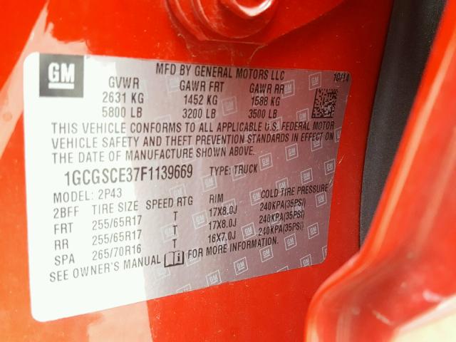 1GCGSCE37F1139669 - 2015 CHEVROLET COLORADO Z RED photo 10