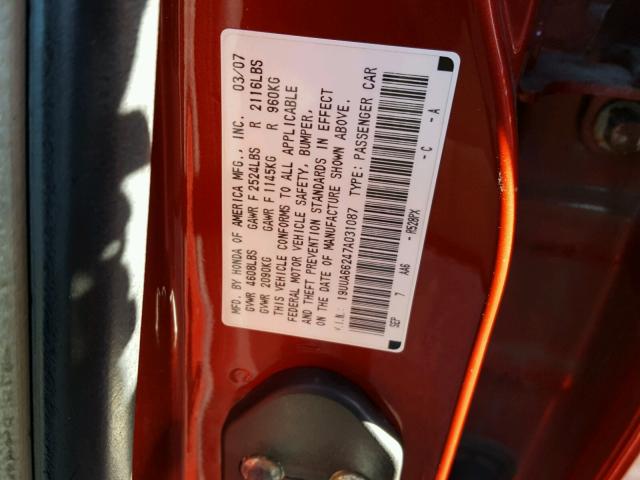 19UUA66247A031087 - 2007 ACURA TL RED photo 10