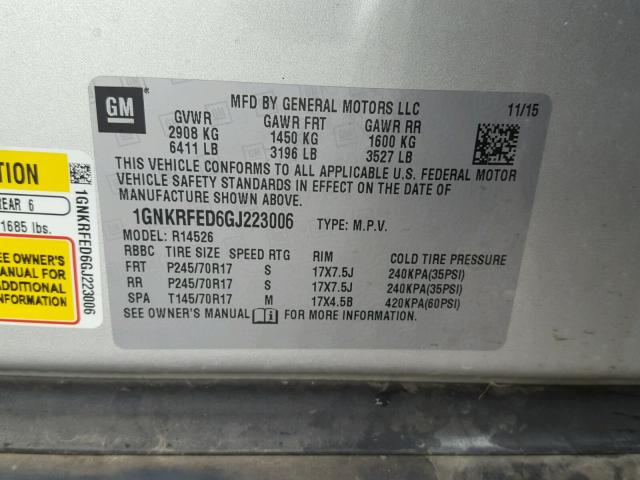 1GNKRFED6GJ223006 - 2016 CHEVROLET TRAVERSE L SILVER photo 10