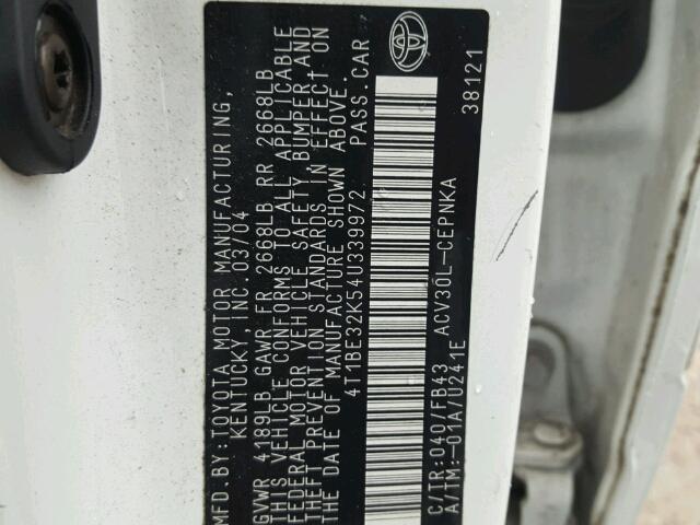 4T1BE32K54U339972 - 2004 TOYOTA CAMRY LE თეთრი ფოტო 10