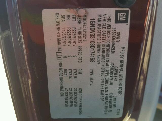 1GNDV33108D174168 - 2008 CHEVROLET UPLANDER L BURGUNDY photo 10