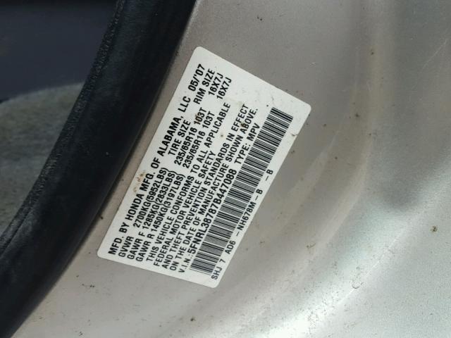 5FNRL38787B447088 - 2007 HONDA ODYSSEY EX SILVER photo 10