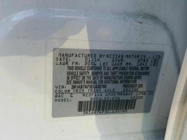 3N1AB7AP3EL635780 - 2014 NISSAN SENTRA S WHITE photo 10