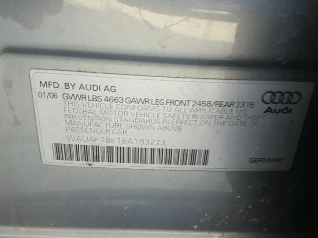 WAUAF78E16A193223 - 2006 AUDI A4 2 SILVER photo 10