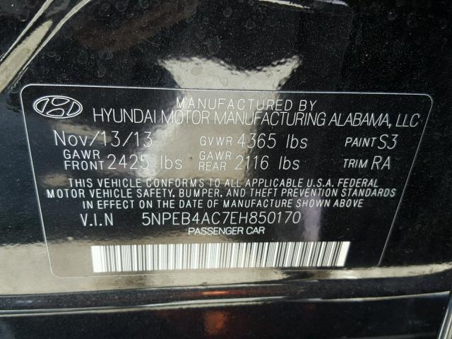 5NPEB4AC7EH850170 - 2014 HYUNDAI SONATA GLS BLACK photo 10