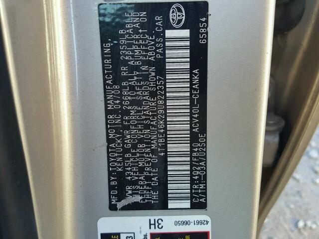 4T1BE46K29U822357 - 2009 TOYOTA CAMRY BASE TAN photo 10