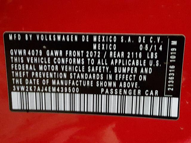 3VW2K7AJ4EM439500 - 2014 VOLKSWAGEN JETTA BASE RED photo 10