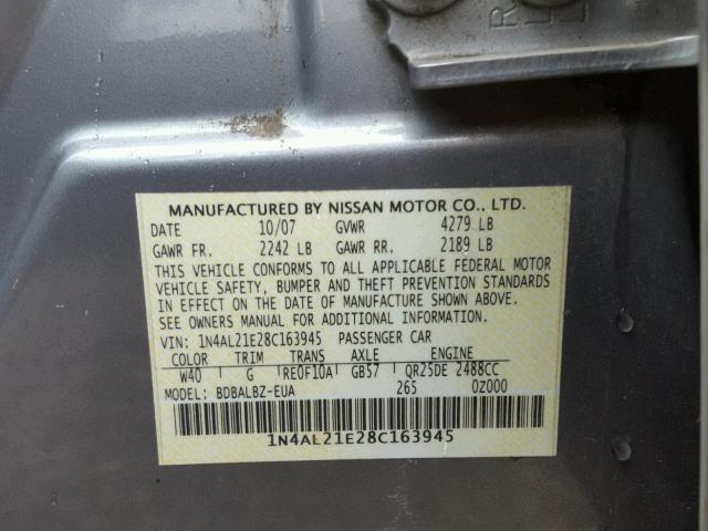 1N4AL21E28C163945 - 2008 NISSAN ALTIMA 2.5 SILVER photo 10