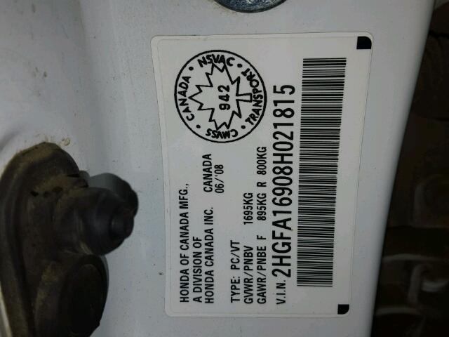 2HGFA16908H021815 - 2008 HONDA CIVIC EXL Ağ foto 10