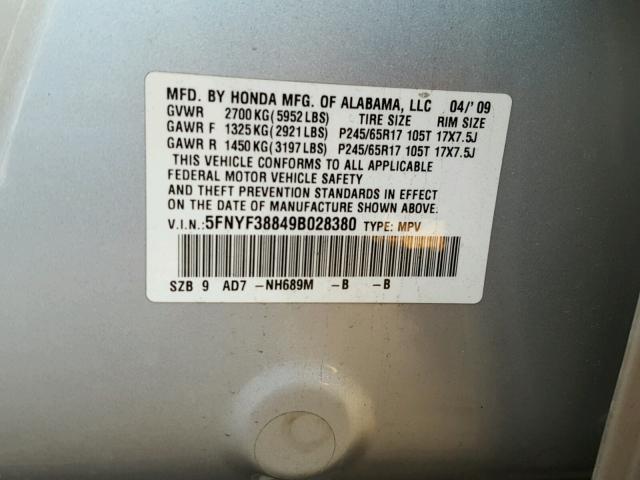 5FNYF38849B028380 - 2009 HONDA PILOT TOUR SILVER photo 10