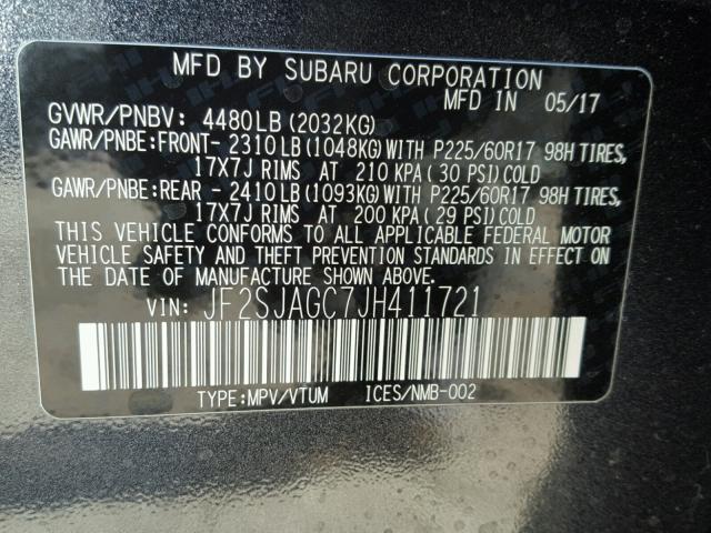 JF2SJAGC7JH411721 - 2018 SUBARU FORESTER 2 GRAY photo 10