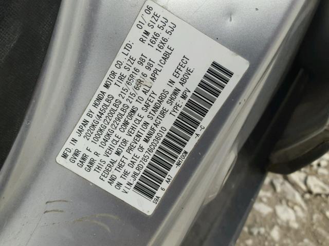 JHLRD78576C036010 - 2006 HONDA CR-V LX SILVER photo 10