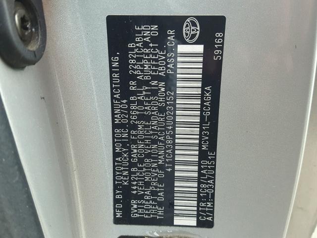 4T1CA38P54U023152 - 2004 TOYOTA CAMRY SOLA SILVER photo 10