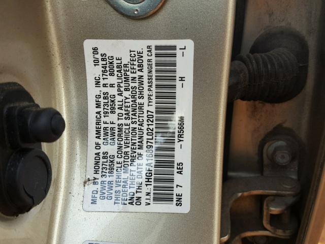 1HGFA16897L021207 - 2007 HONDA CIVIC EX GOLD photo 10