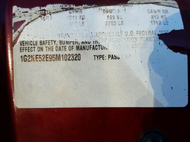 1G2NE52E95M102320 - 2005 PONTIAC GRAND AM S ბურგუნდია ფოტო 10