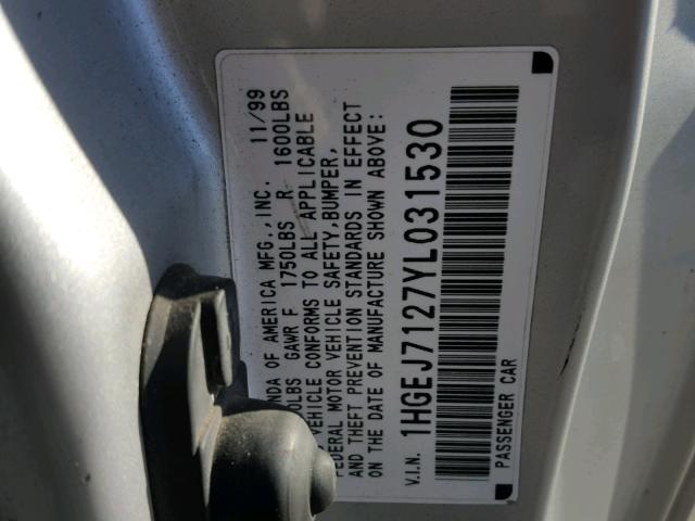 1HGEJ7127YL031530 - 2000 HONDA CIVIC HX GRAY photo 10