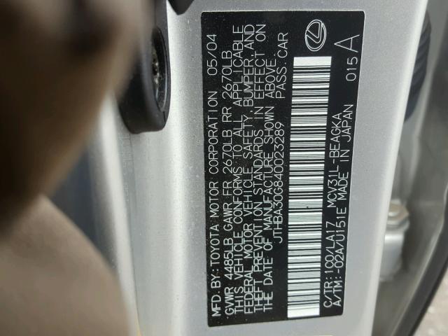 JTHBA30G840023289 - 2004 LEXUS ES 330 SILVER photo 10