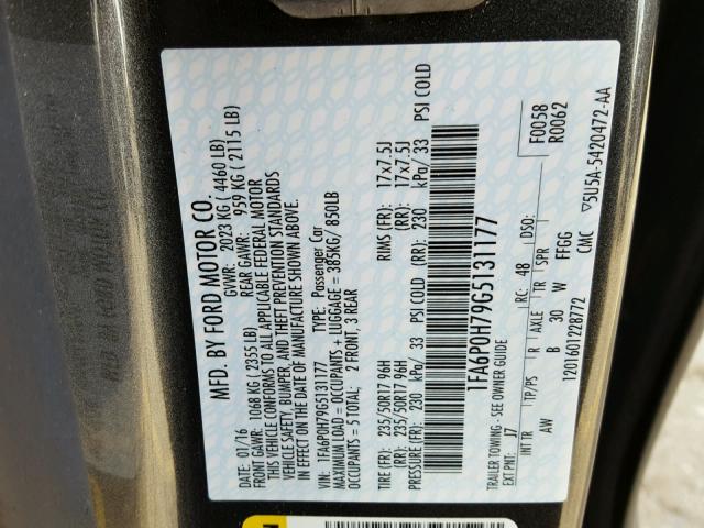 1FA6P0H79G5131177 - 2016 FORD FUSION SE GRAY photo 10