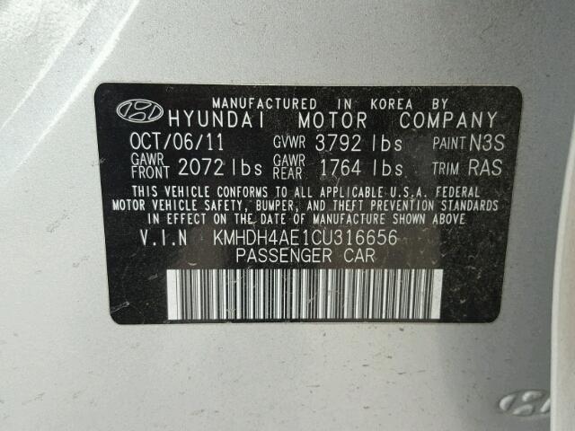 KMHDH4AE1CU316656 - 2012 HYUNDAI ELANTRA GL SILVER photo 10