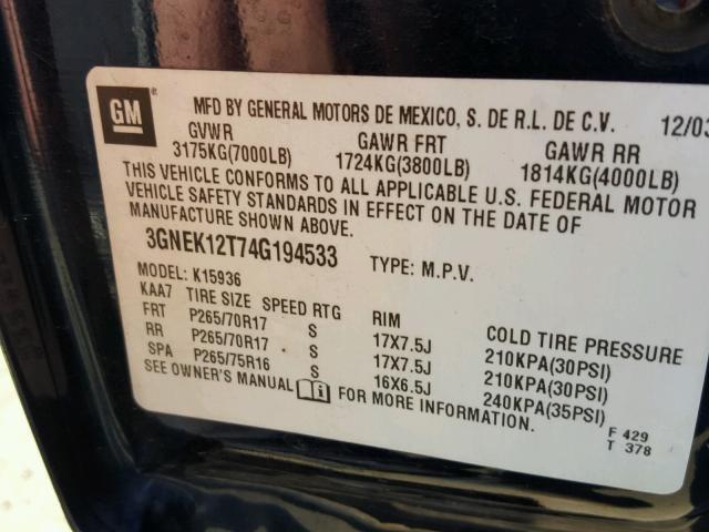 3GNEK12T74G194533 - 2004 CHEVROLET AVALANCHE BLUE photo 10