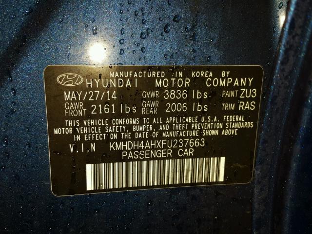 KMHDH4AHXFU237663 - 2015 HYUNDAI ELANTRA SE BLUE photo 10