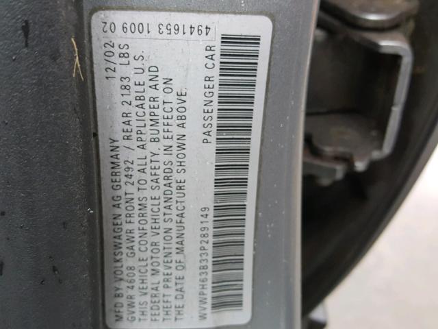 WVWPH63B33P289149 - 2003 VOLKSWAGEN PASSAT GLS GRAY photo 10