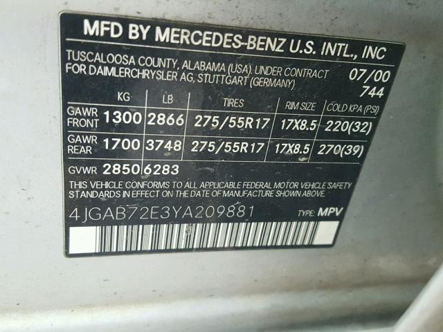 4JGAB72E3YA209881 - 2000 MERCEDES-BENZ ML 430 SILVER photo 10