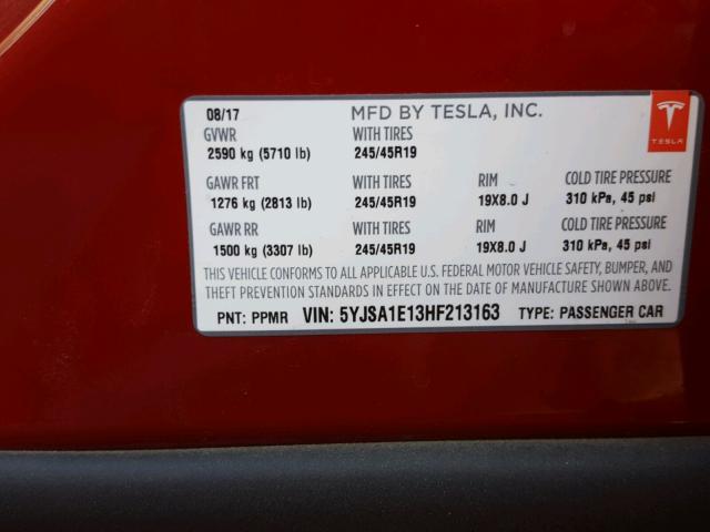 5YJSA1E13HF213163 - 2017 TSMR MODEL S RED photo 10