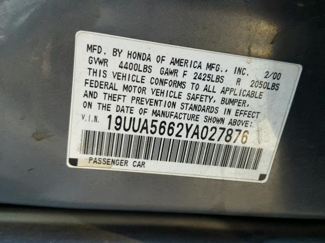 19UUA5662YA027876 - 2000 ACURA 3.2TL GRAY photo 10