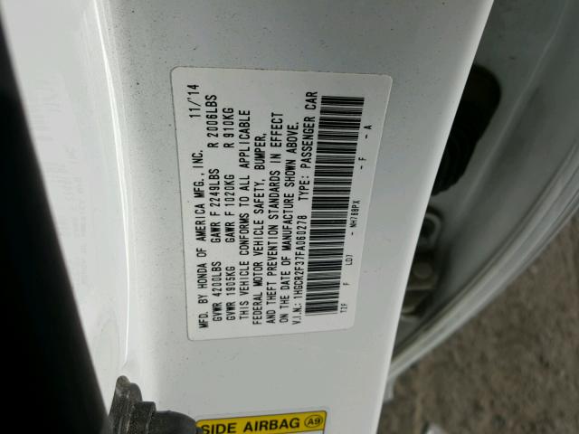 1HGCR2F37FA060278 - 2015 HONDA ACCORD LX WHITE photo 10