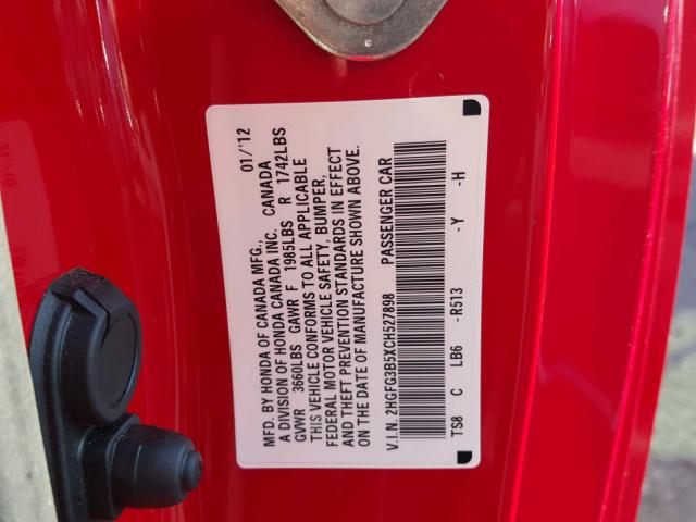 2HGFG3B5XCH527898 - 2012 HONDA CIVIC LX RED photo 10