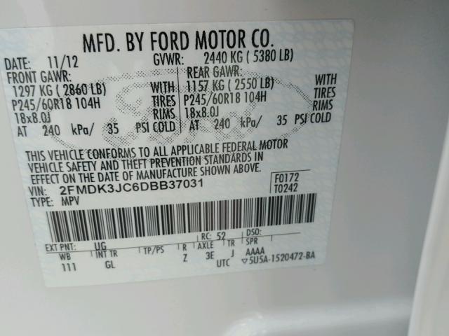 2FMDK3JC6DBB37031 - 2013 FORD EDGE SEL WHITE photo 10