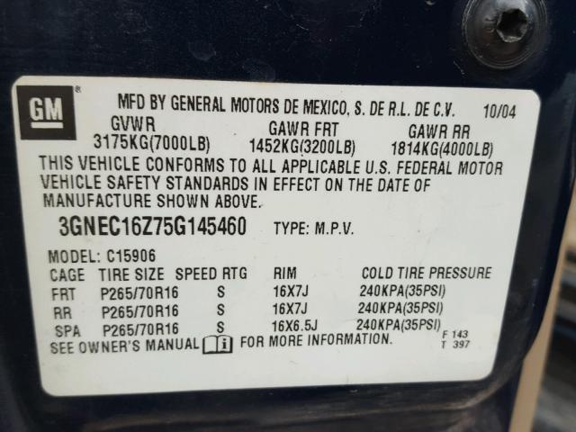 3GNEC16Z75G145460 - 2005 CHEVROLET SUBURBAN C BLUE photo 10