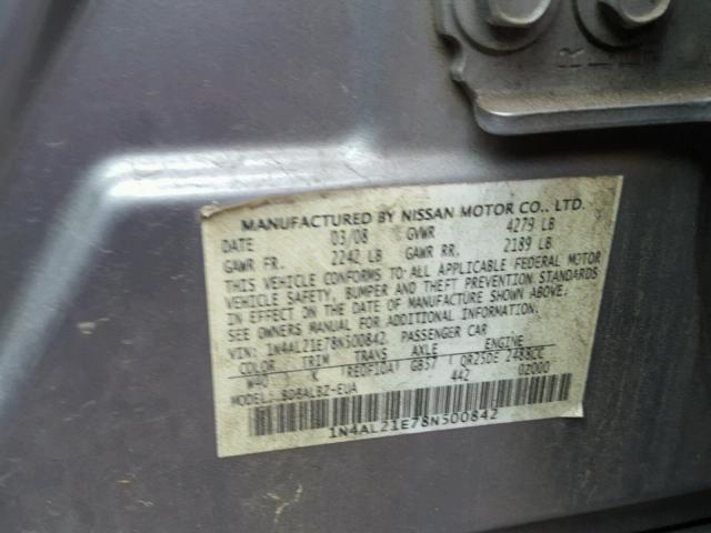 1N4AL21E78N500842 - 2008 NISSAN ALTIMA 2.5 SILVER photo 10