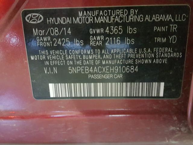 5NPEB4ACXEH910684 - 2014 HYUNDAI SONATA GLS RED photo 10